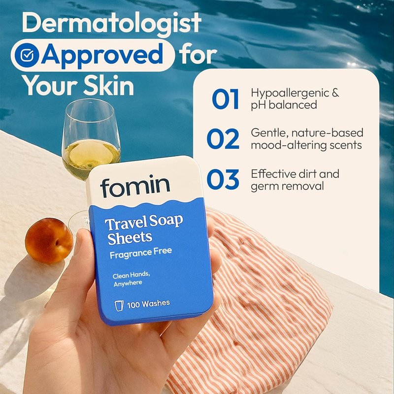 FOMIN - Antibacterial Paper Soap Sheets for Traveling - 300 Unscented Portable Hand Soap Sheets for Travel in Tin - Dissolvable Mini Portable Travel Soap Sheet for Hand Washing, Camping and Hiking