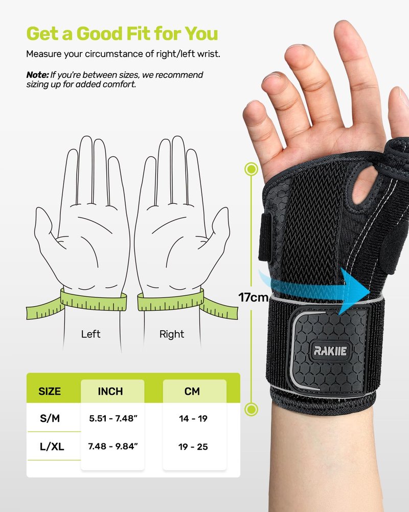 Rakiie Carpal Tunnel Wrist Brace for Left Hand, Thumb Spica Splint for De Quervain's Tenosynovitis & Tendonitis, Night Support Brace for Women Men, 5X Flexible Support & 3 Adjustable Straps, Gray S/M