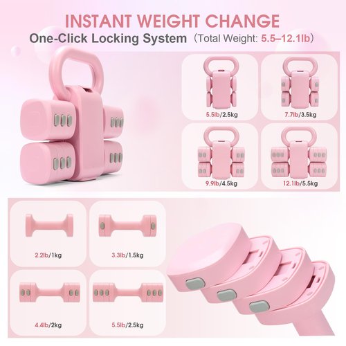 Axiqunel Adjustable 2-in-1 Convertible Kettlebell & Dumbbells Set, 4 in 1 Free Weights Dumbbell Set of 2, Each 2.2 3.3 4.4 5.5lb Quick Change Women Dumbbell Set for Home Exercise Training(Pink)