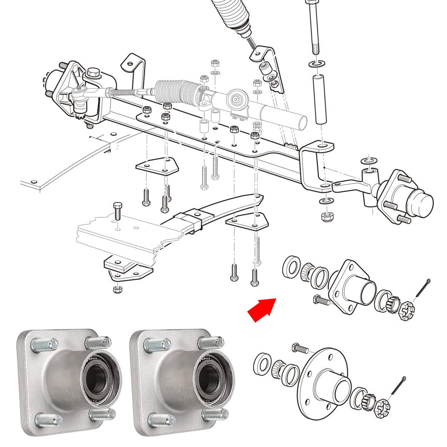 LEAPGOMAX Golf Cart Front Wheel Hub Assembly with Hub Bearing/Oil Seal/Nuts/Dust Cover for EZGO PDS&TXT/Medalist Gas & Electric 2001-Up, Replace OEM# 70895G01, L44643(Pack of 2)