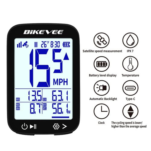 Bikevee Bike Speedometer GPS Wireless Cycling Computer – Auto Start/Stop, Auto Backlight, Waterproof Bicycle Odometer MPH KM/H, 2.4" LCD Display – Black
