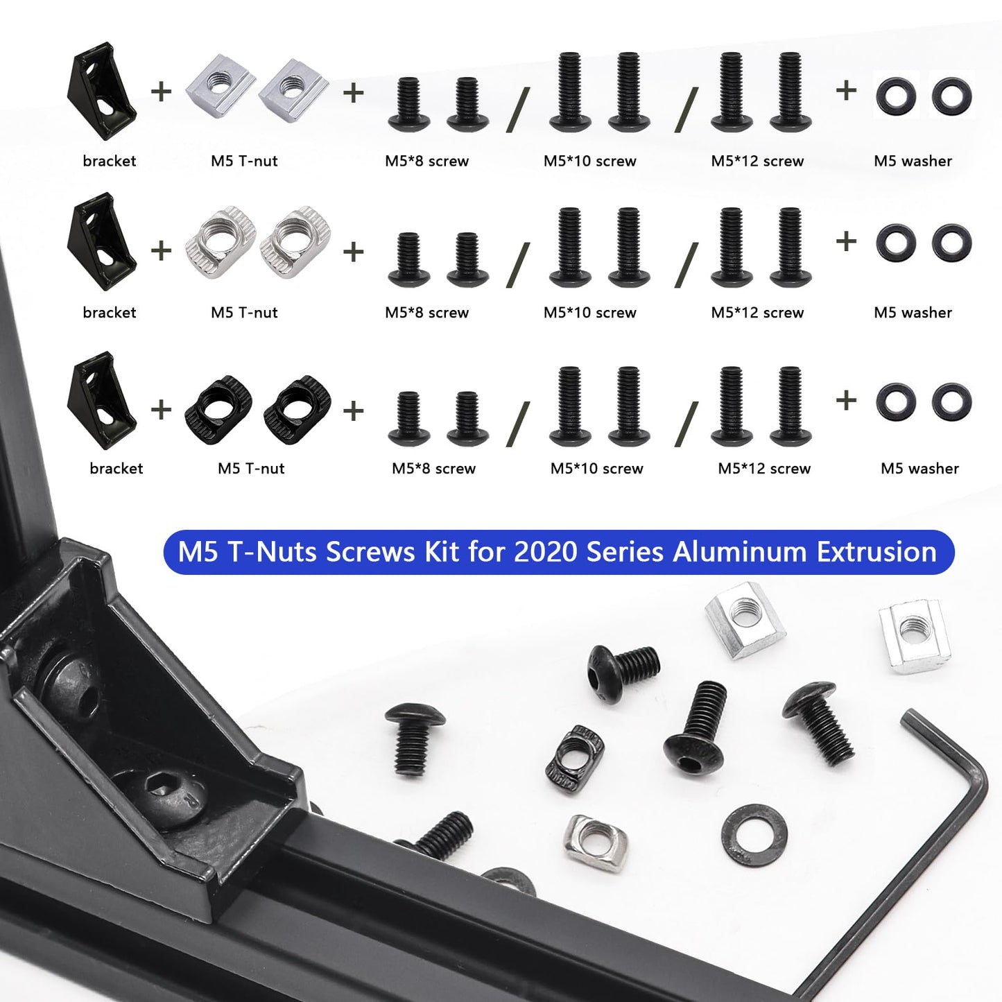 Taiss 275PCS M5 T-Nuts Screws Assortment Kit for 2020 Series Aluminum Extrusion,T Sliding Nut,Button Head Socket Cap Head Bolts and Nut & Washers for Mlok Screws and Nuts Replacement with Wrench