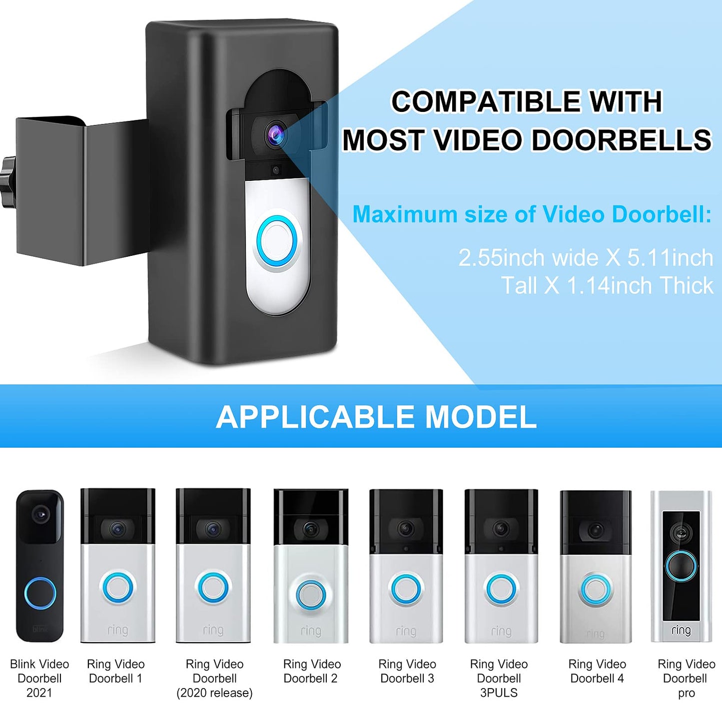 SNEKULI Anti-Theft Video Doorbell Mount, No-Drill Ring Doorbell Holder, Doorbell Door Mount Not Block Sensor, Adjustable Blink Video Doorbell Bracket for Home/Apartment Door (Black)