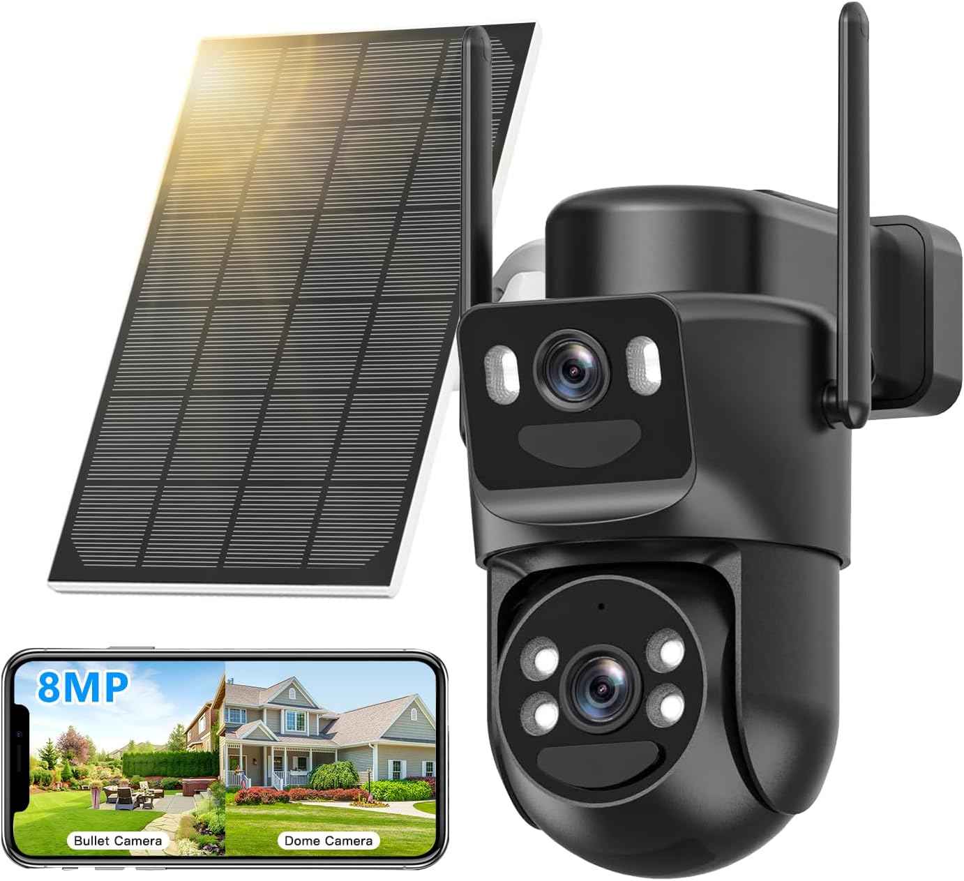 4K Wireless Solar Security Camera - Dual Lens Bullet & 360° PTZ, Color Night Vision, Battery Powered