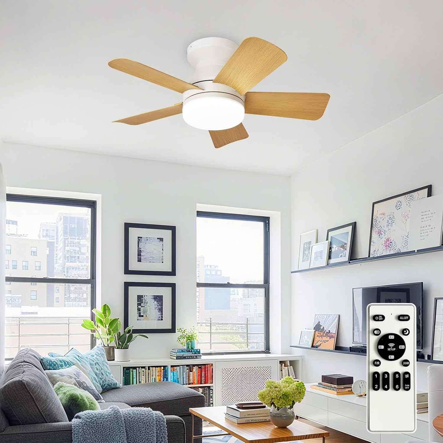 42-Inch Modern Black Ceiling Fan with Light & Remote - Dimmable Low Profile, 5 Reversible Walnut Blades, 6 Speeds for Indoor/Outdoor Use