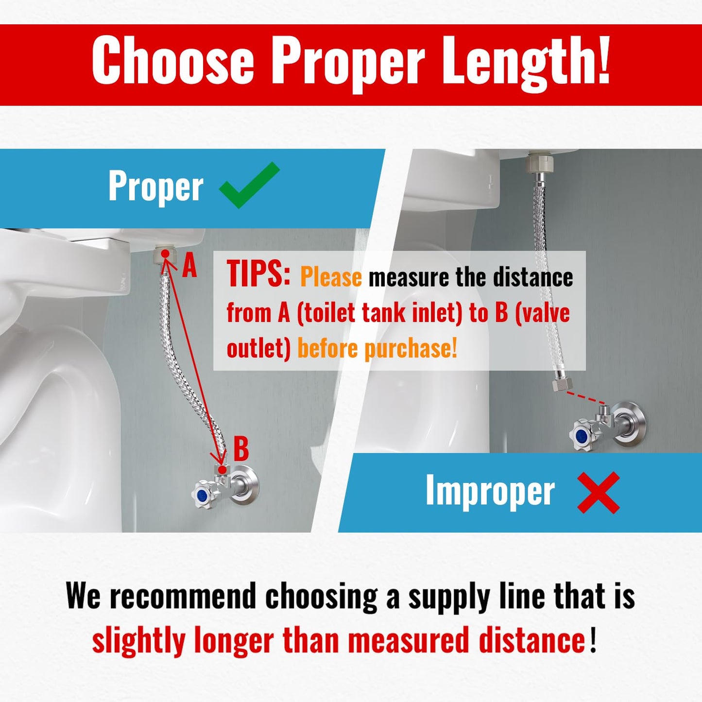 SUNGATOR 12'' Toilet Water Supply Line, 7/8" Ballcock x 3/8" Compression Toilet Hose Connector, 12 Inch Braided Stainless Steel Water Supply Line with 1 Wrench and Sealing Tape (2 Pack)