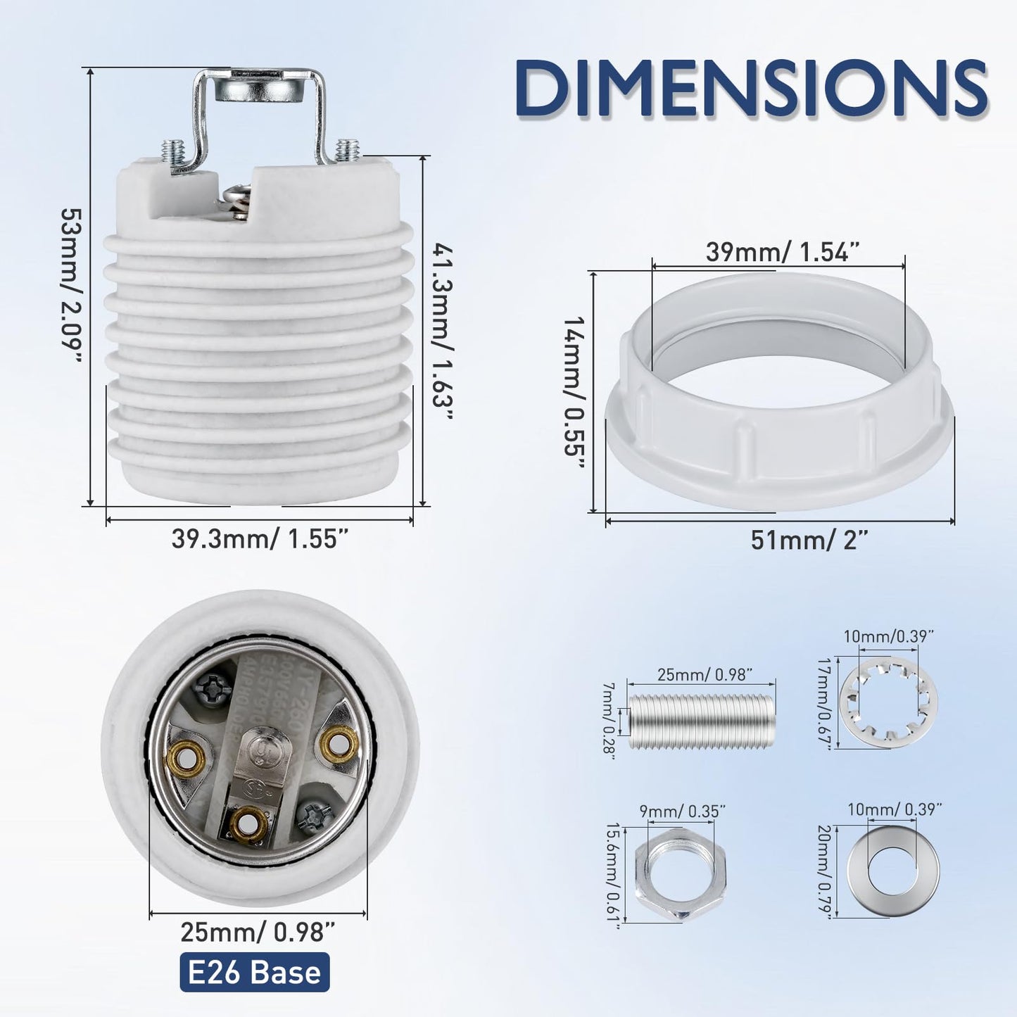 Lamp Socket with Metal Shade Ring, UL Listed Medium Base E26 Light Bulb Socket, Standard Screw-in Bulb Lamp Holder for Halogen LED Bulb (2)