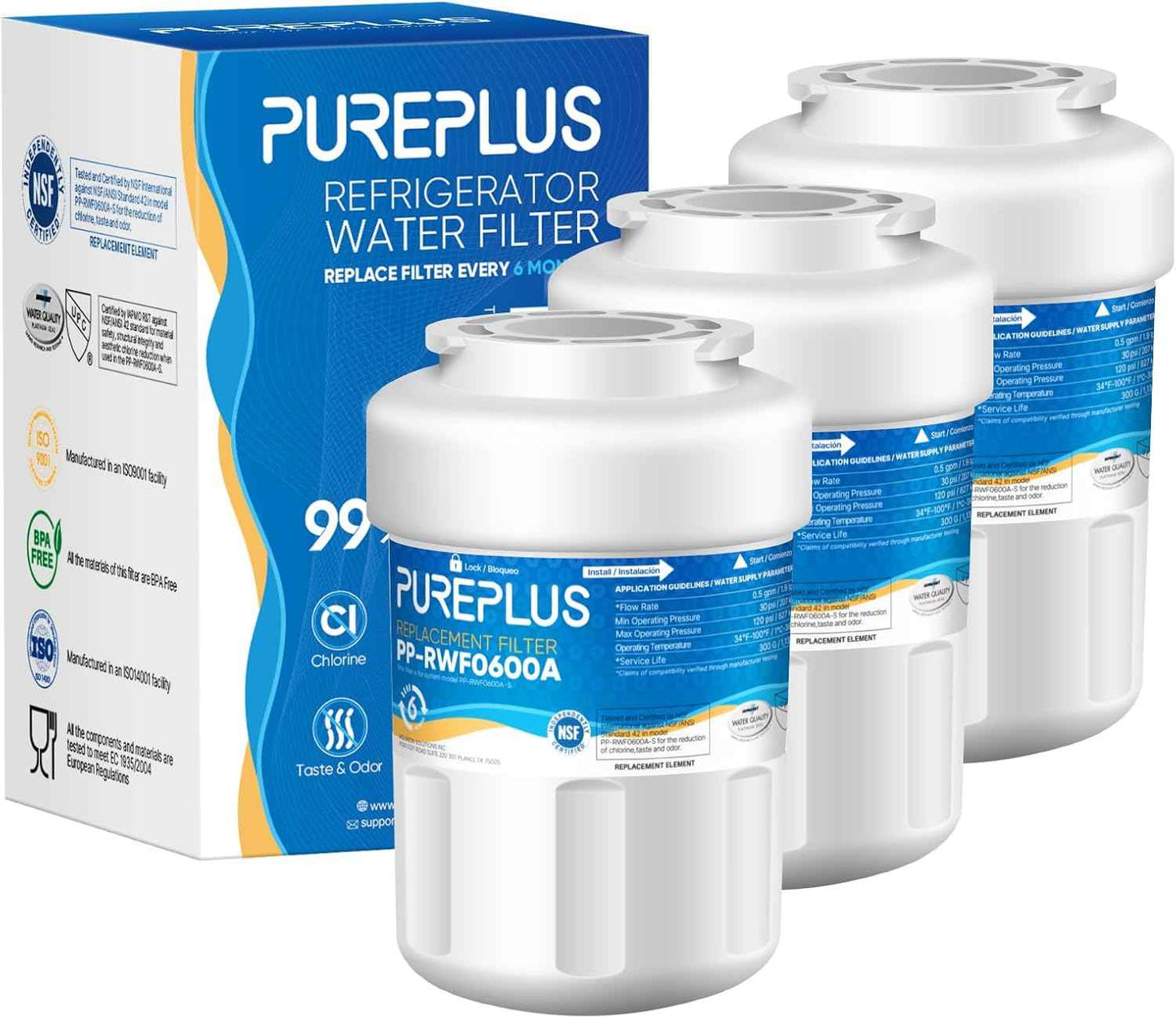 PUREPLUS PRO Refrigerator Water Filter Replacement - NSF Certified 3-Pack for HDX FMG-1, PL-100, WFC1201