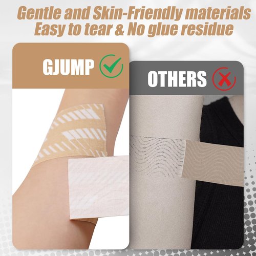 GJUMP Kinesiology Tape, 2 Rolls Hypoallergenic Athletic Tape for Muscle Strain Relief & Joint Support, Waterproof & Breathable Sports Tape for Pain Relief, 2in x 16ft Uncut Roll-Stripe (Beige)