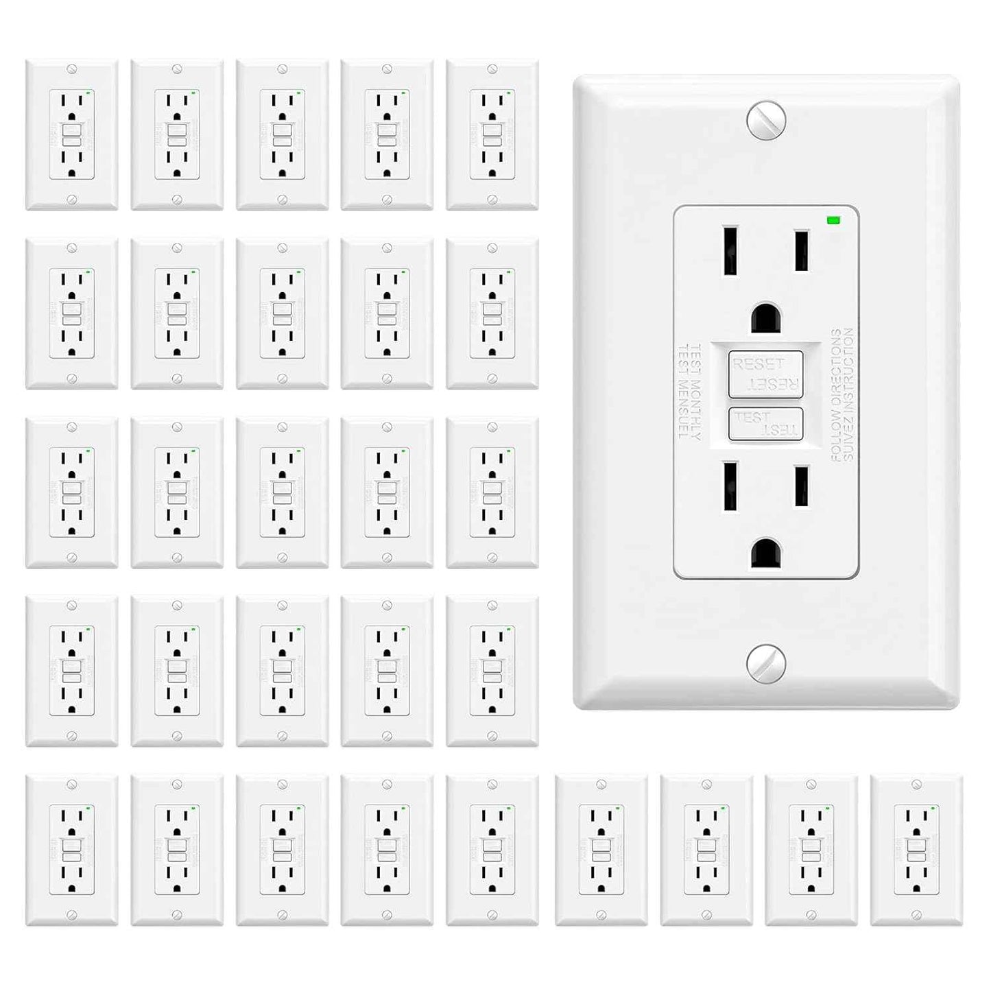 GFCI Outlet 15 Amp - Self-Test Electrical Receptacle with LED Indicator, 10 Pack