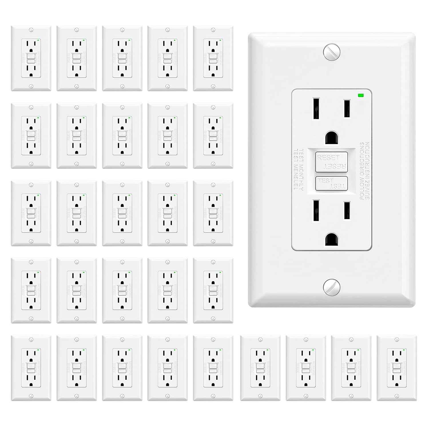 GFCI Outlet 15 Amp - Self-Test Electrical Receptacle with LED Indicator, 10 Pack