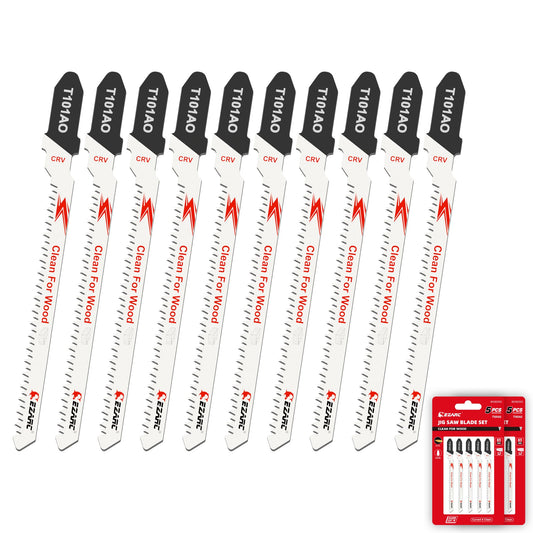 EZARC 10PCS Jigsaw Blades T101AO Jig Saw Blades Set for Wood Clean and Precision Cutting Assorted T-Shank Replacement 20 TPI Curved & Scrolling Cutting