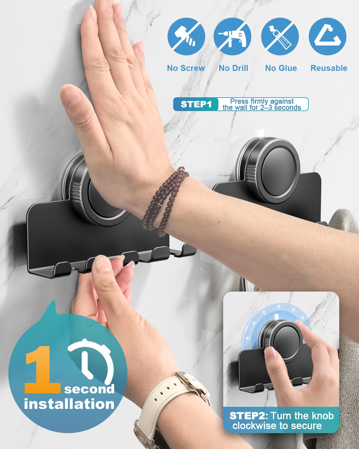 RIVAMBER Suction Cup Hooks, Razor Holder for Shower, Matte Black Waterproof No Drill Hanger for Hanging Loofah Towel Bathroom Kitchen Tiles Glasses