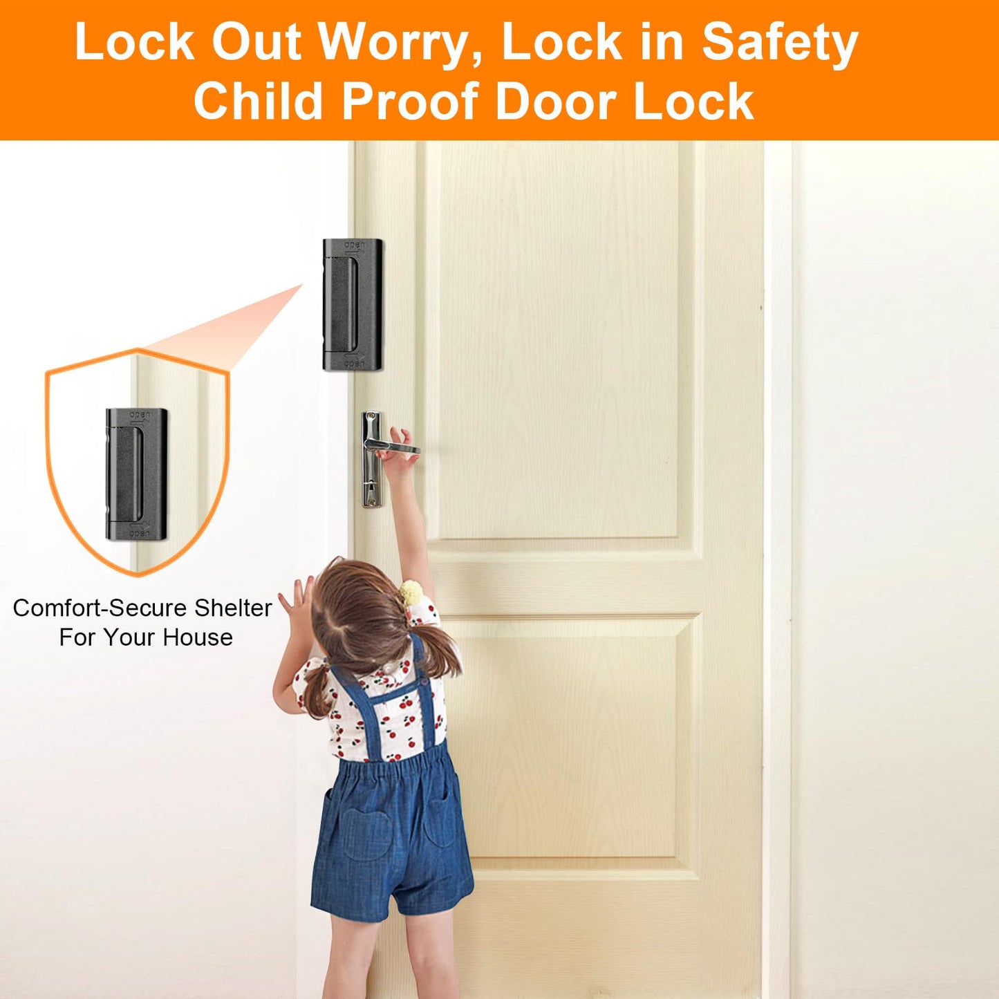 Home Security Door Reinforcement Lock, Upgraded Front Door Locks for Kids Safety Withstand 800 lbs, Child Proof Door Lock, Extra Door Lock from Inside Prevent Unauthorized Entry (2 Pack, Black)