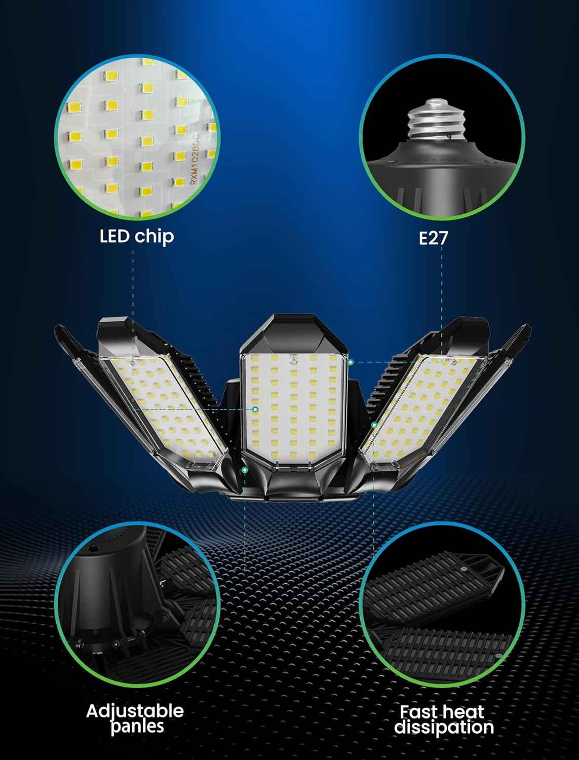 250W LED Garage Lights - 25,000LM Deformable Ceiling Light with 8 Adjustable Panels, E26/E27 Socket - 4 Pack