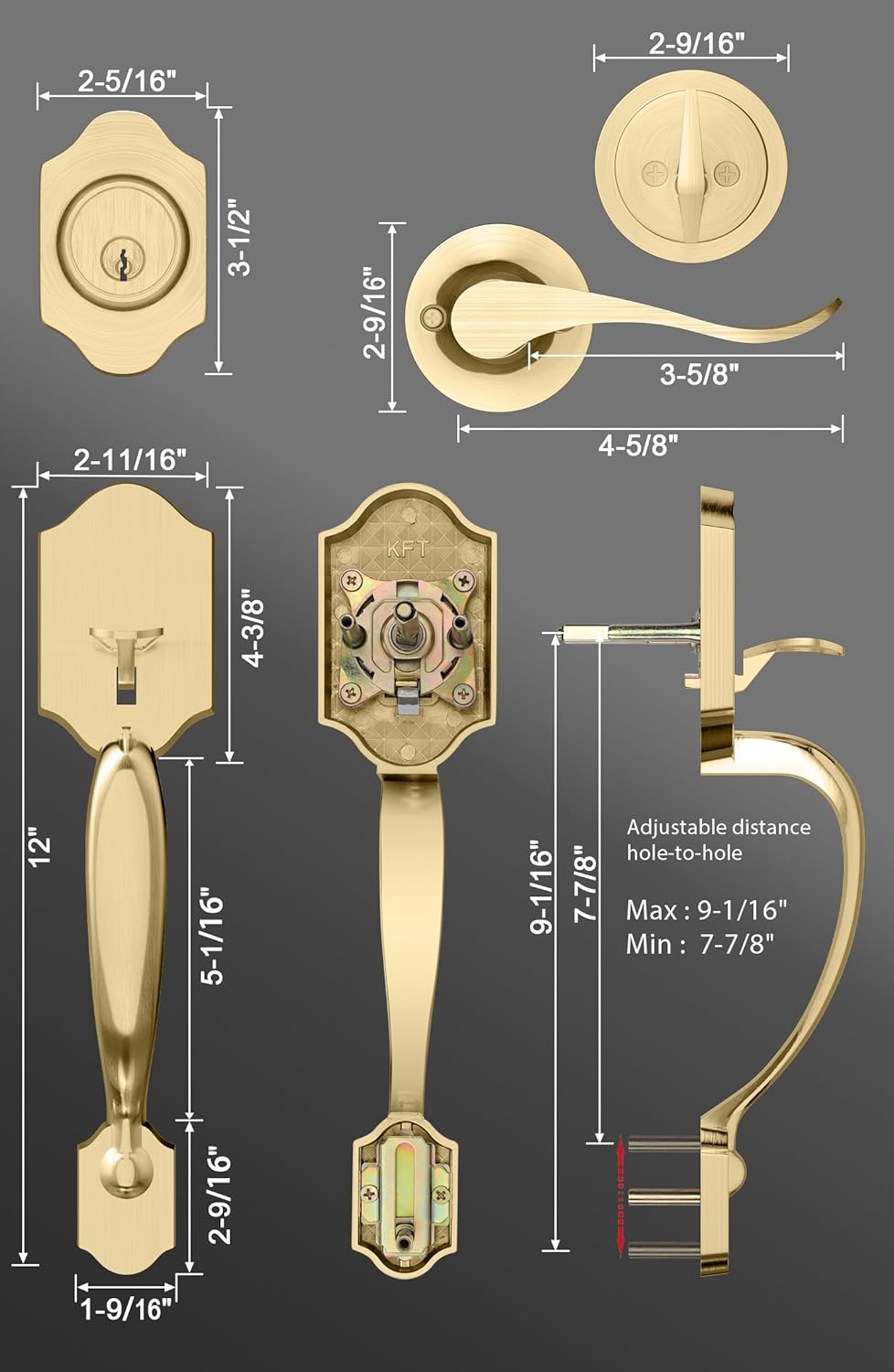Gold Front Door Handle & Deadbolt Set - Reversible Lever Lock Hardware