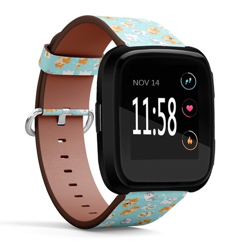 Compatible with Fitbit Versa/Versa 2 / Versa LITE - Quick Release Leather Wristband Bracelet Replacement Accessory Band - Fun Flat Design Dogs