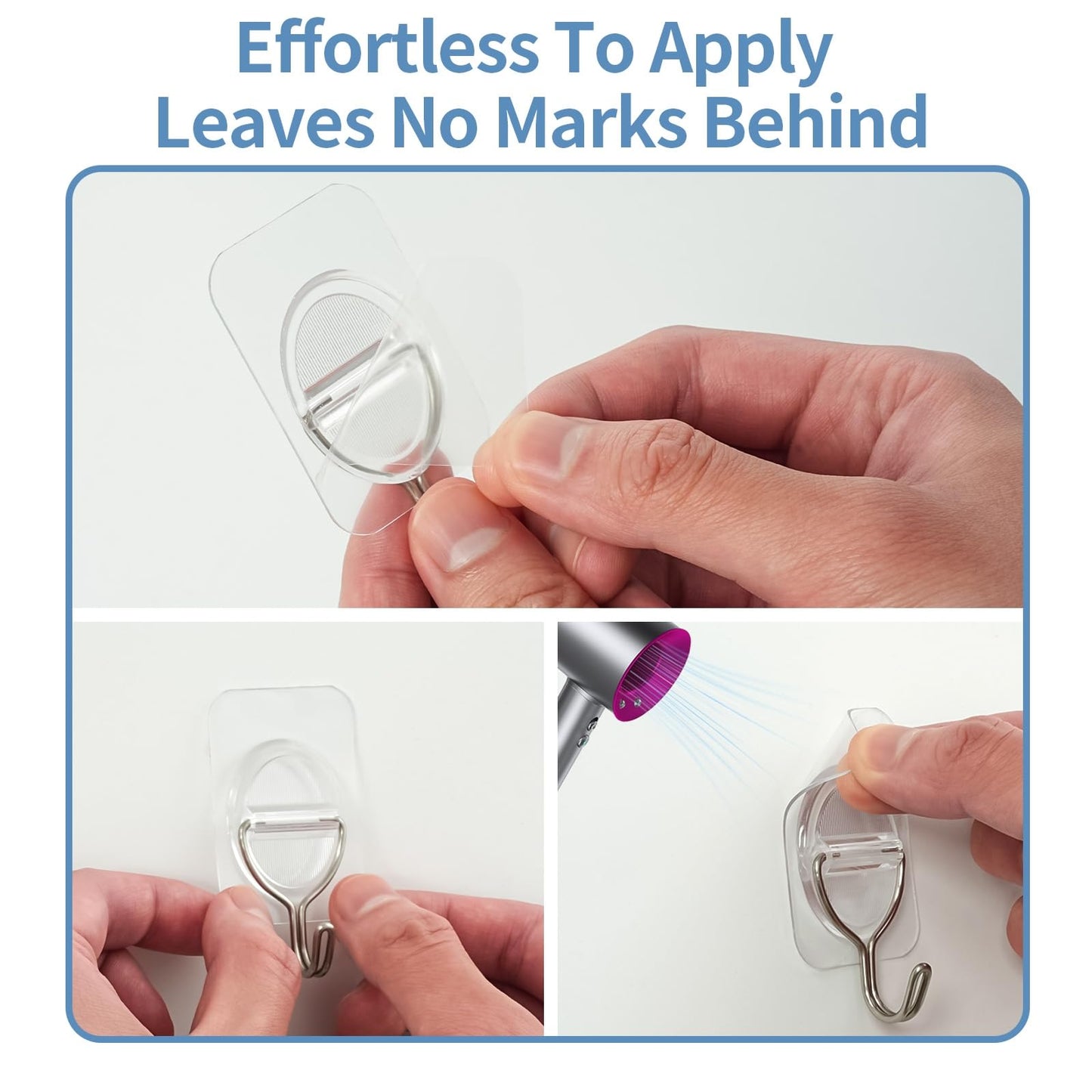 Adhesive Wall Hooks No Damage, Stick On Hooks for Hanging 10 Pack - Transparent Stainless Steel 5KG Heavy Duty, Waterproof Removable (3.5x5.3cm) Kitchen Bathroom Office, Ganchos para Pared