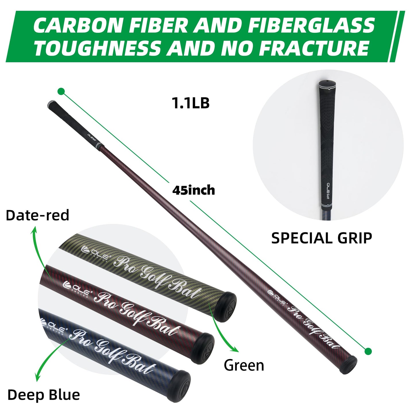 OLE ANDIGO Golf Swing Trainer Pro Golf Bat Carbon Fiber Golf Swing Training Aid,Increase Club Head Speed,Golf Warm-Up Stick,Strength and Tempo Training Golf Accessories for Men Women (Green)