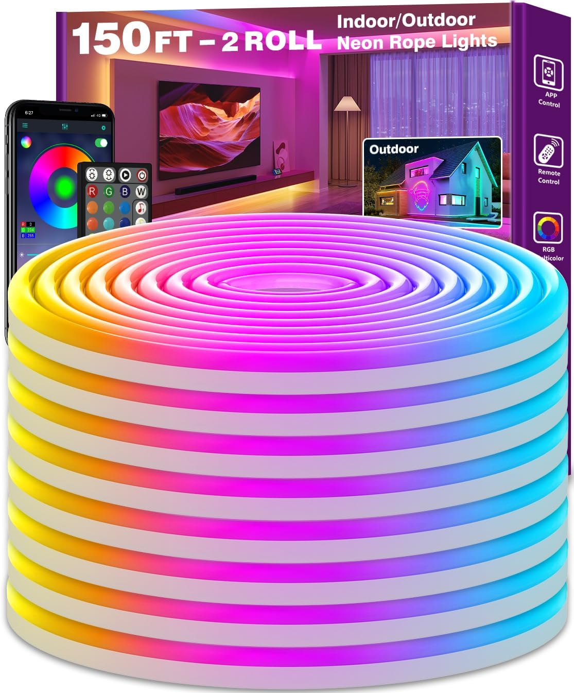 60FT SINLEY LED Neon Rope Lights - App/Remote Control, Waterproof RGB for Indoor/Outdoor Use