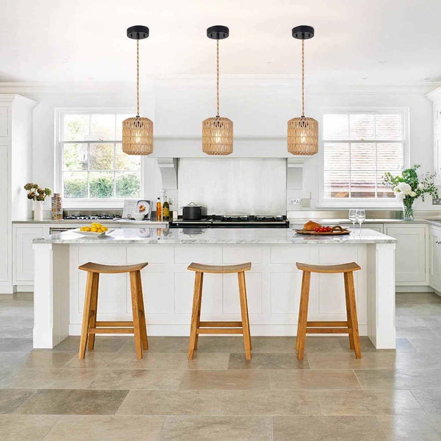 Boho Rattan Pendant Light with 3 Bulbs & 22ft Cord - Woven Hanging Chandelier for Bedroom, Kitchen, Hallway