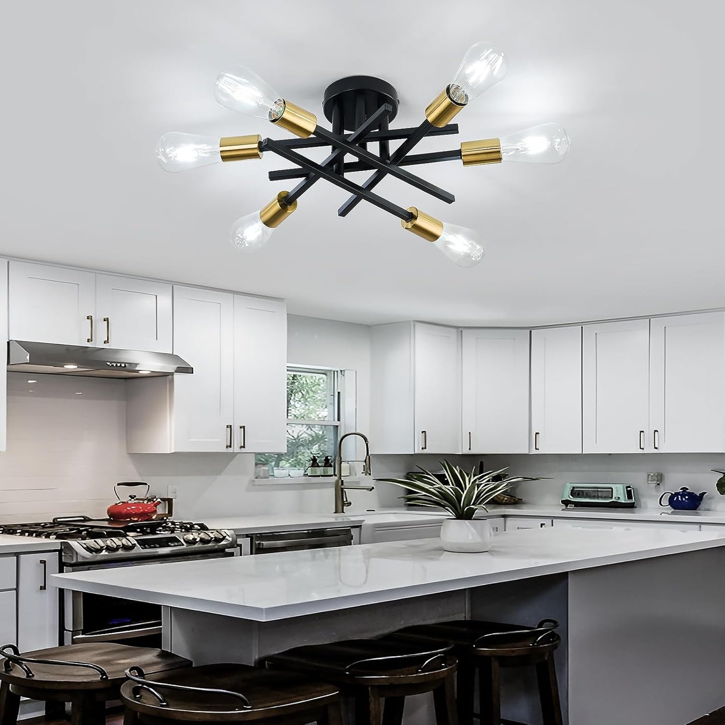 Gold Modern 6-Light Semi Flush Mount Ceiling Light Fixture - Vintage Sputnik Chandelier for Kitchen, Dining & Living Room