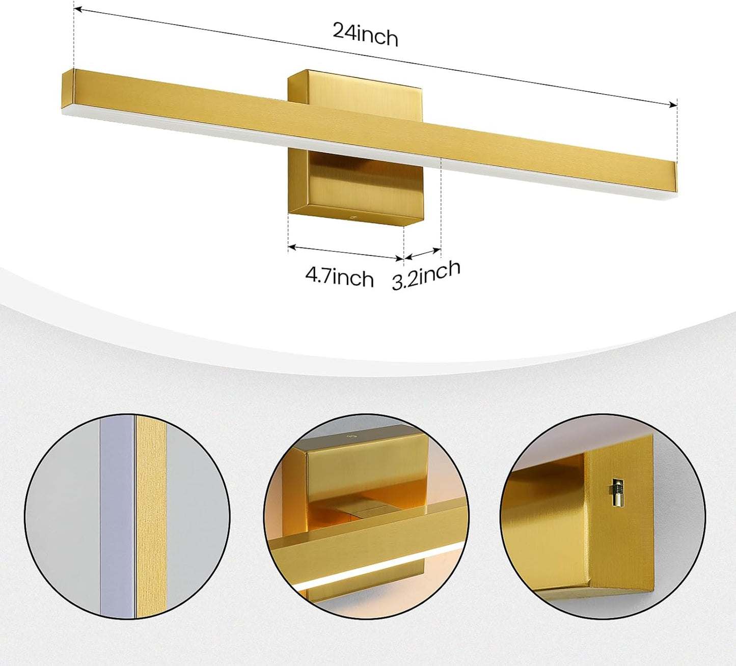 24-Inch Dimmable Gold Bathroom Vanity Light - Modern LED Bar Fixture for Over Mirror
