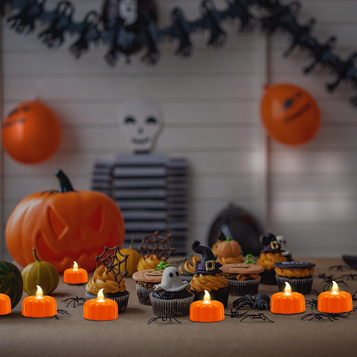12 Pack Pumpkin Tea Lights Halloween Decorations, LED Orange Pumpkin Lights FlameLess Candles Battery Operated Thanksgiving Flickering Tealights Candles for Table Home Party Christmas Fall Decor
