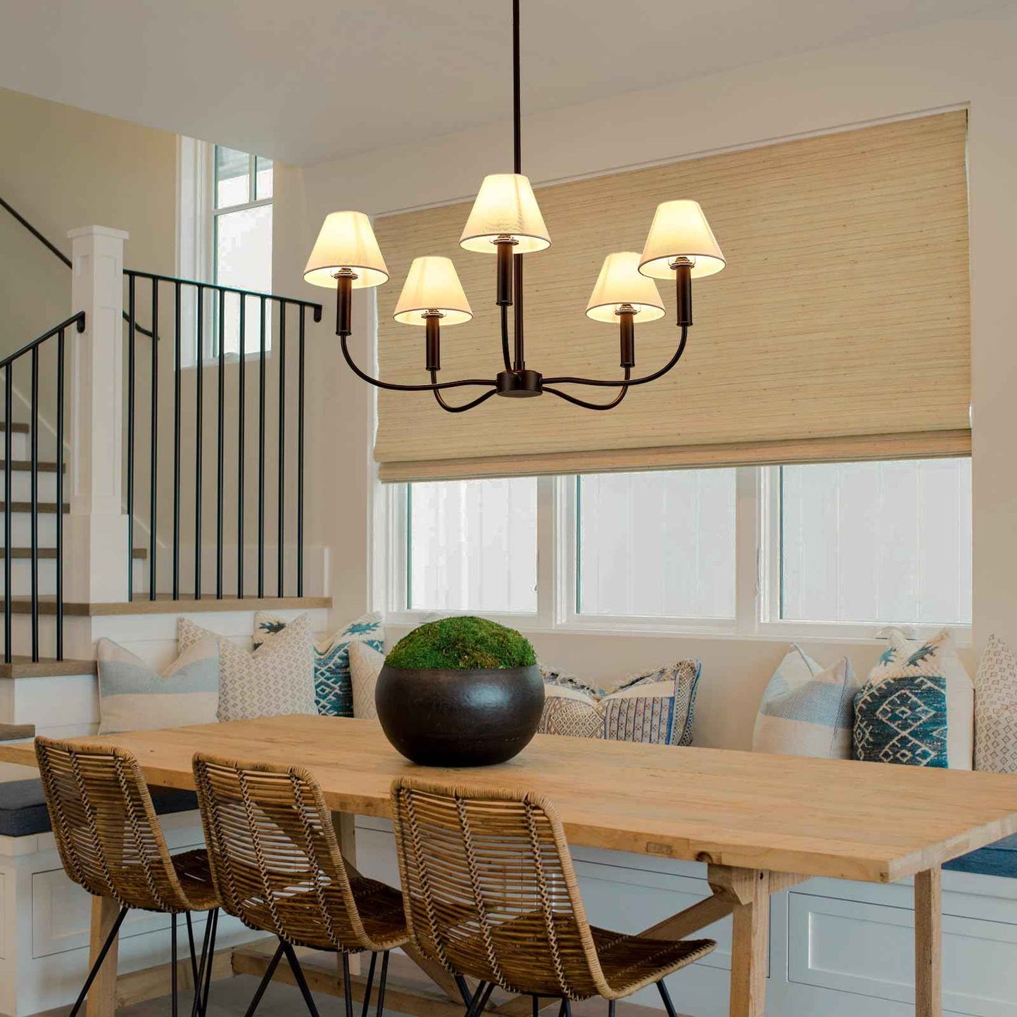 Black Farmhouse Chandeliers with White Fabric Shades, 5-Light Modern Chandelier for Dining Room Light Fixture 30’’ Large Linear Pendant Light Fixture for Kitchen Bedroom Living Room,UL Listed