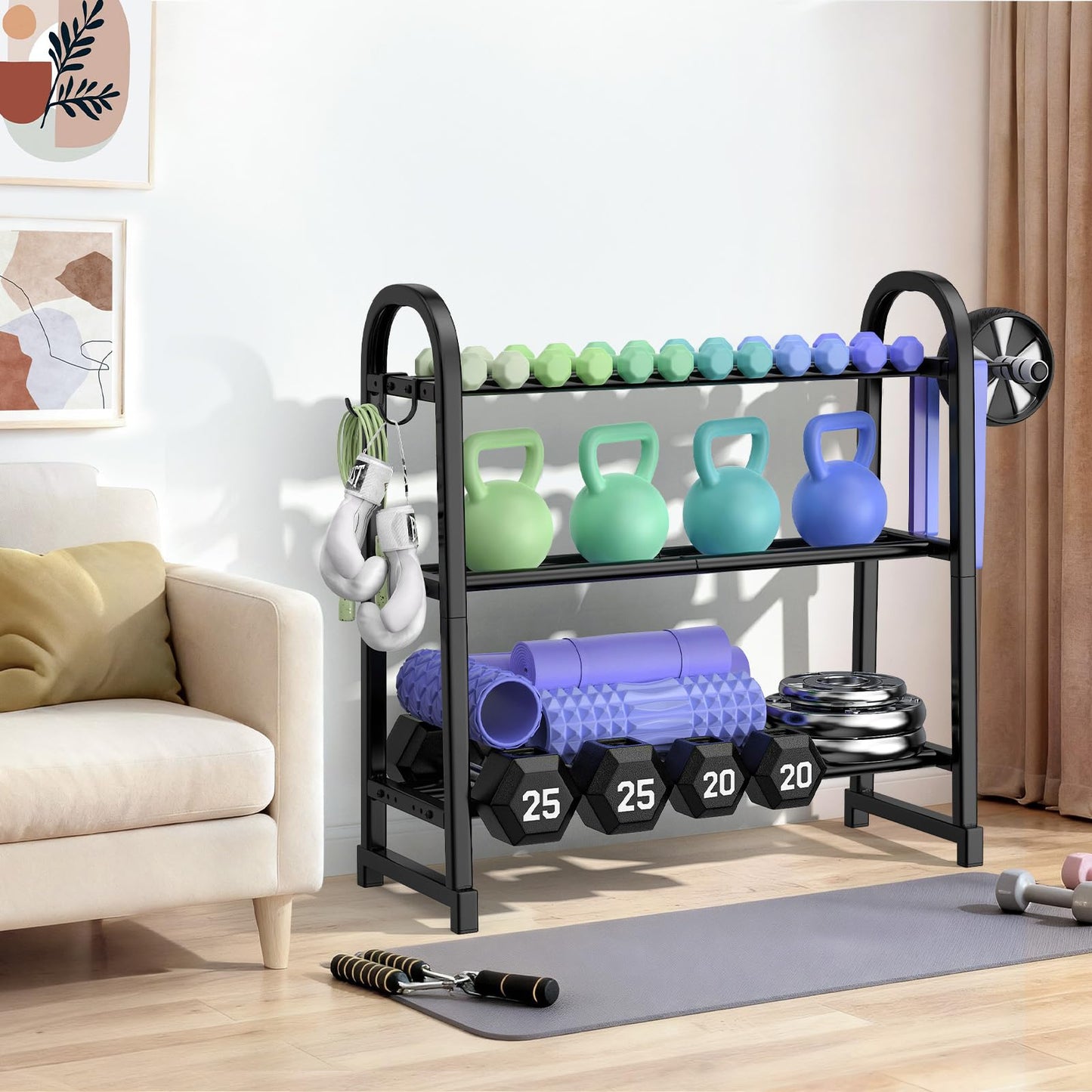 YaDonpe 3 Tier Dumbble Rack - 360LB Capacity Adjustable Dumbbell Storage Rack Space-Saving Home Gym Weight Rack For Dumbbells And Kettlebells With Hooks (Dumbbell Rack Stand Only)(Matte Black (29.96''Length))