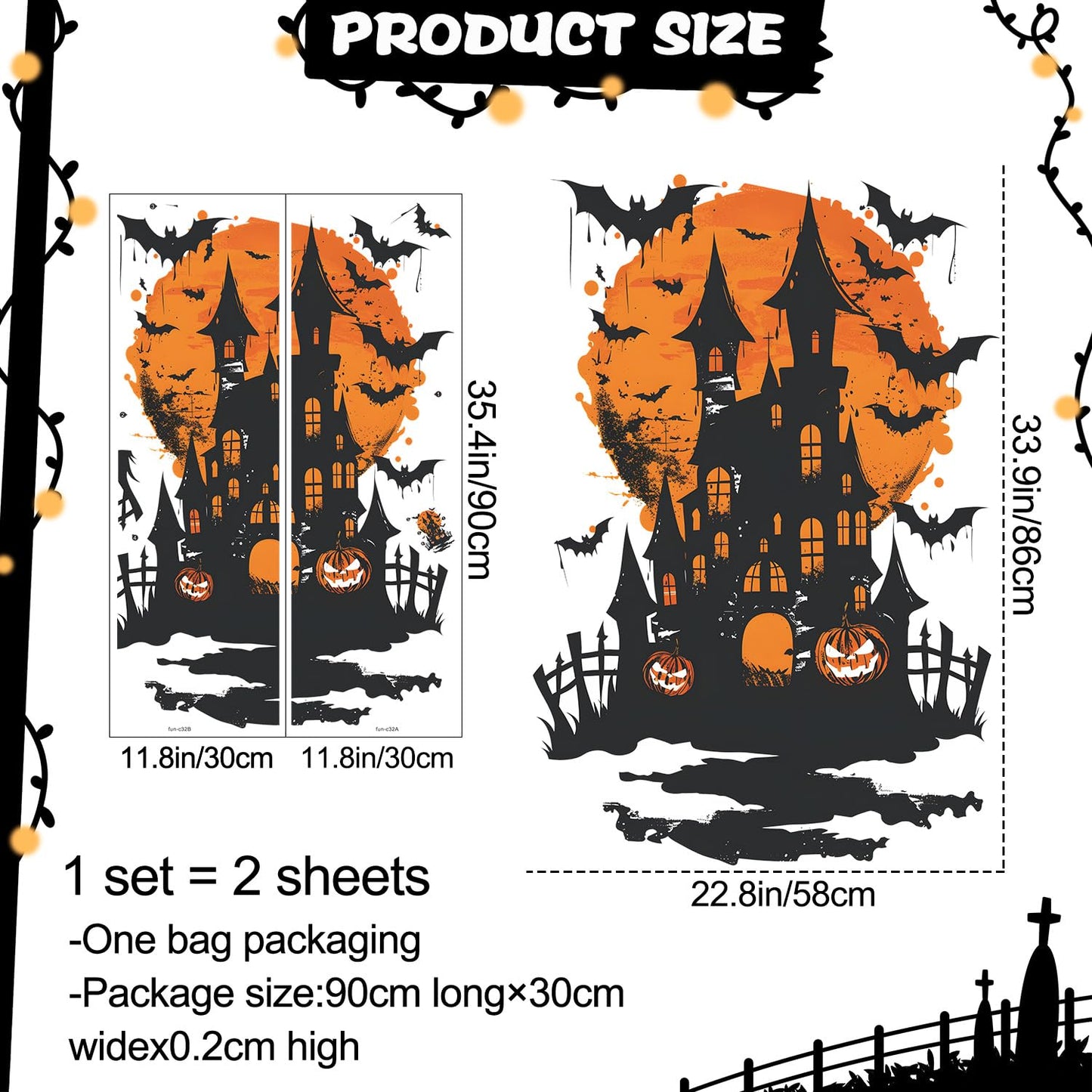 DRWSSR 2 Sheets Halloween Wall Stickers: Removable Bats Moon Pumpkin Wall Art DecalStickers - Peel & Stick for Indoor DIY Wall Art