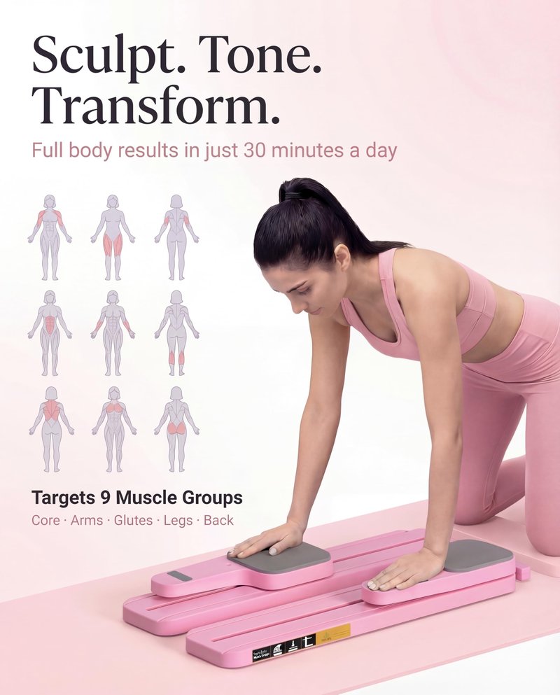 Pilates Board for Women with Resistance Cables and Mat — Electric Home Pilates Reformer with Built-in Rep Counter — Portable Full Body Core Workout Board for Beginners
