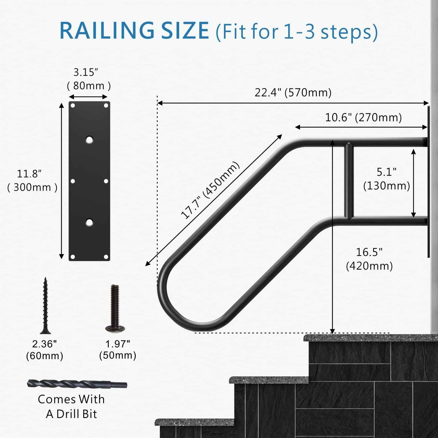 Mychoiii Handrails for Outdoor Steps Wall Mount,Heavy Duty Non-Slip Railings for 1-3 Steps, U-Shape Safety Handle for Garage, Porch, Garden (Dia 1" Pipe, Black)