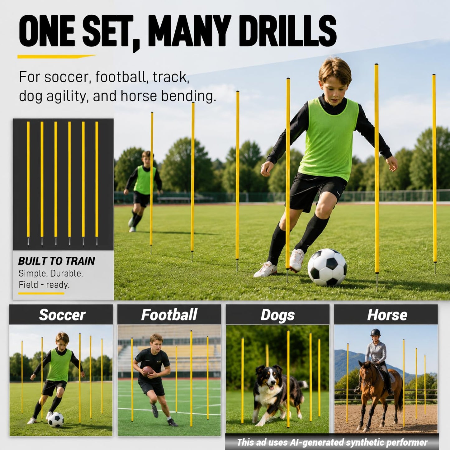 6 Pcs 5FT Adjustable Agility Training Poles for Soccer,Basketball,Football,Dog,Horse Training-Speed and Agility Training Equipment Sports Training Sticks with Stainless Steel Ground Nails (Yellow)