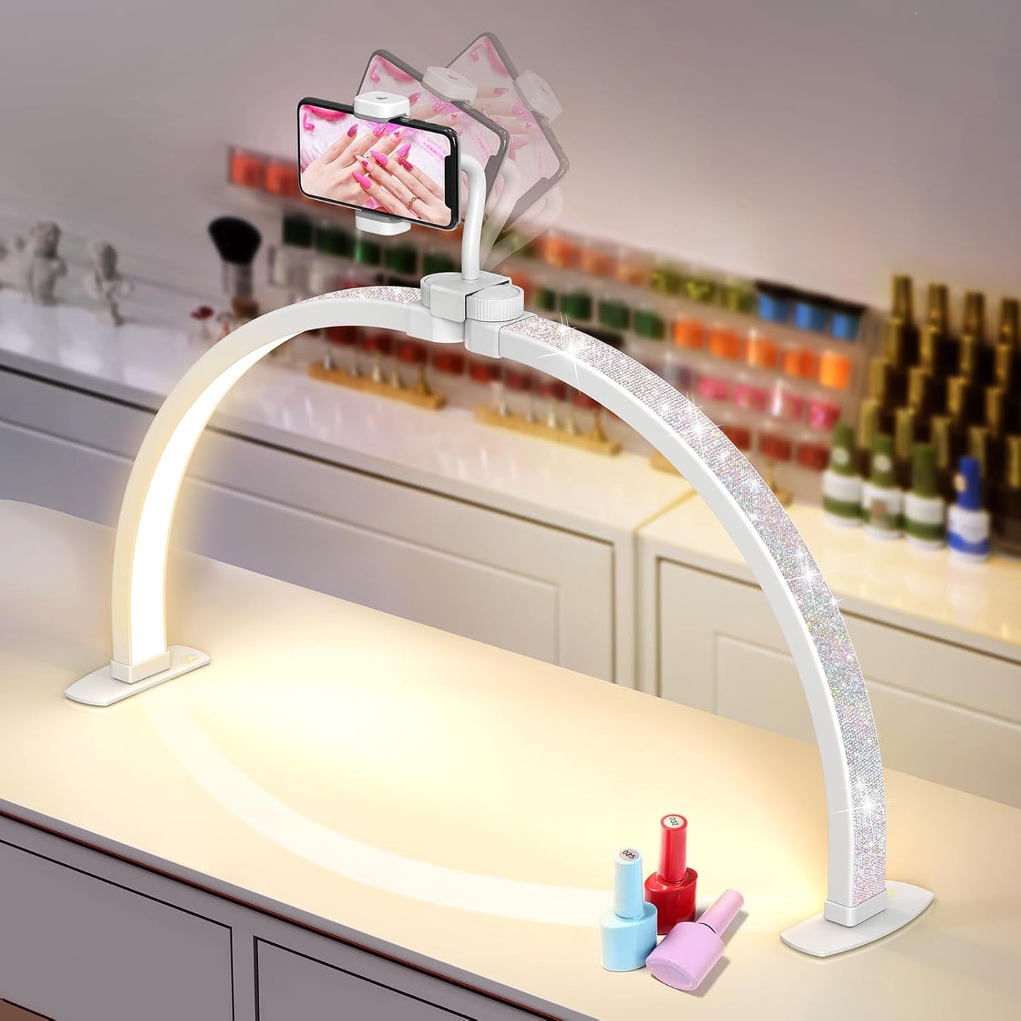 Yokilly Foldable Half Moon Nail Desk Lamp with Phone Holder - 3 Color Modes & 10 Brightness Levels for Manicure Salon