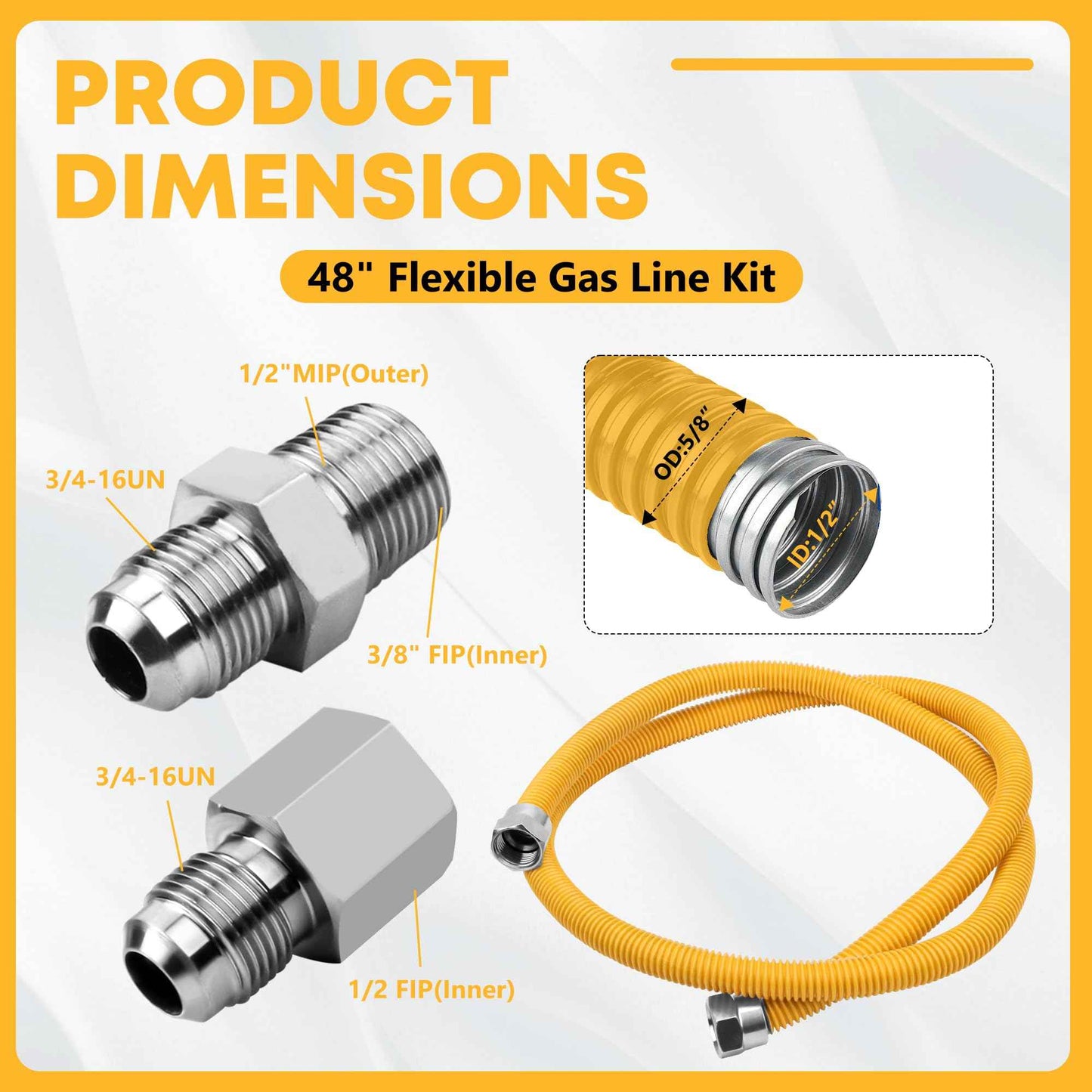 48" Flexible Gas Line Hose - Compatible with Dryer, Stove, Range & Water Heater | Stainless Steel Gas Range Connector Kit | 5/8" OD Line(1/2" ID) with 1/2" FIP & 1/2" MIP Fittings by TOMOON