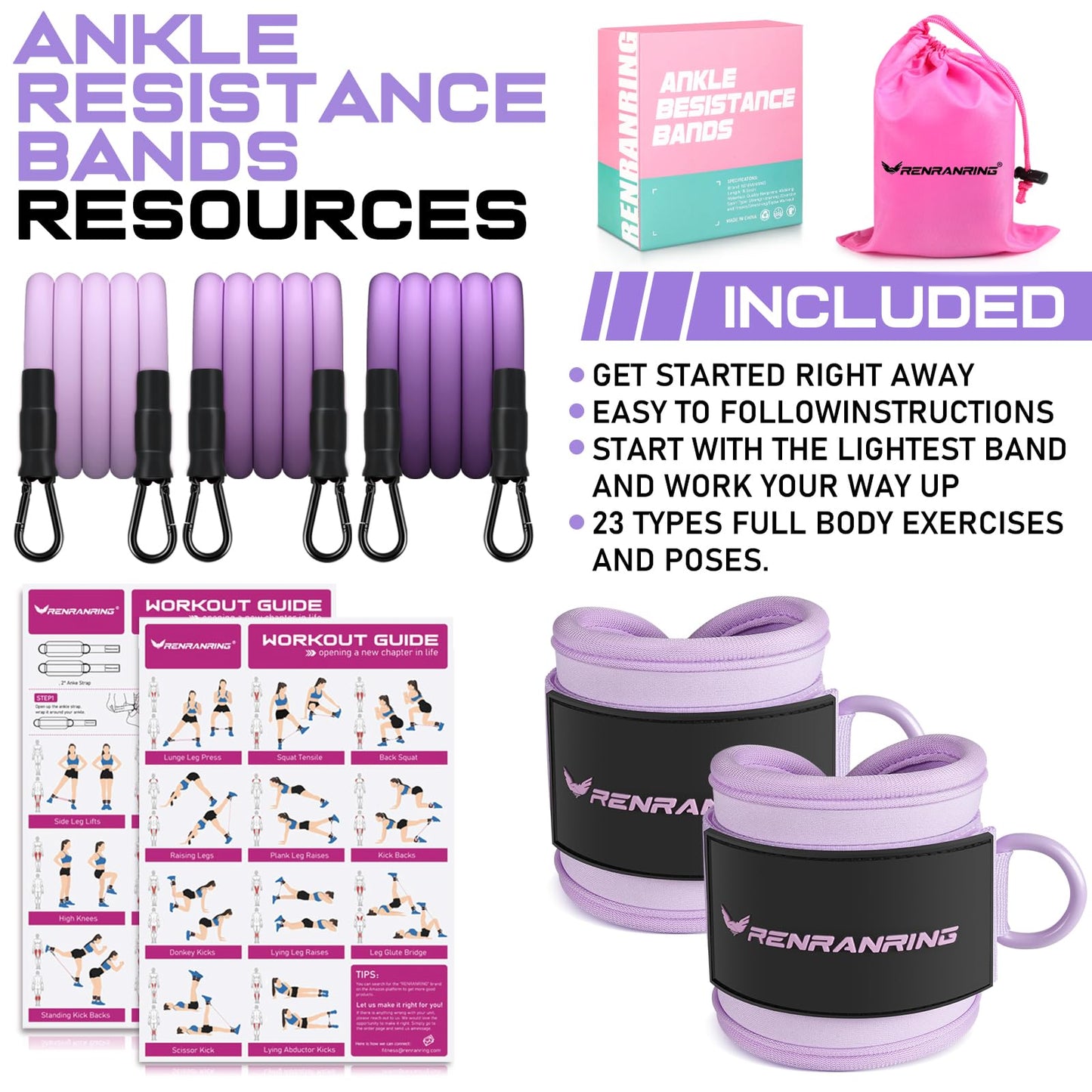 Ankle Resistance Bands with Cuffs, Ankle Bands for Working Out, Ankle Resistance Band for Legs and Glutes Workout Equipment, Butt Exercise Equipment for Women