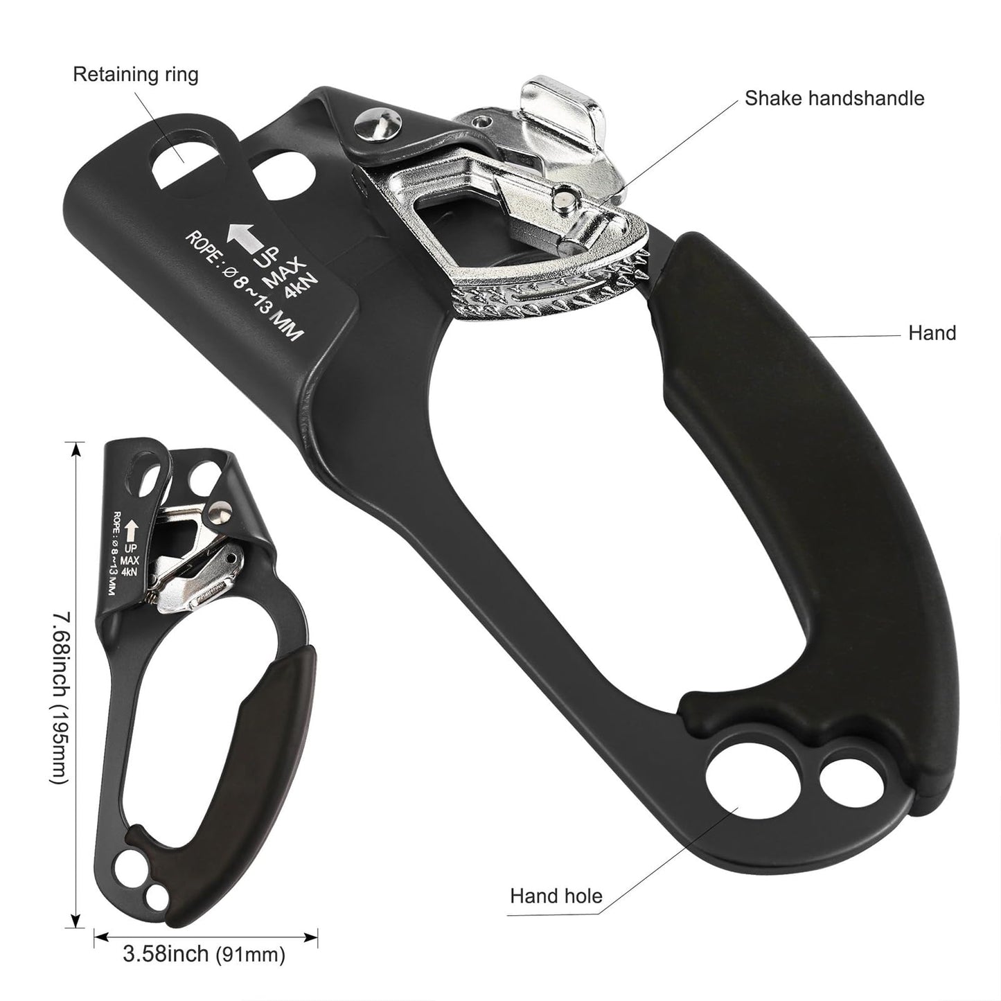 QKURT Mountaineering Climbing Hand Ascender, Right Hand Ascender Rock Climbing Tree Arborist Rappelling Gear Equipment Rope Clamp for 8~13MM Rope | Lightweight Aluminum Alloy Climbing Equipment