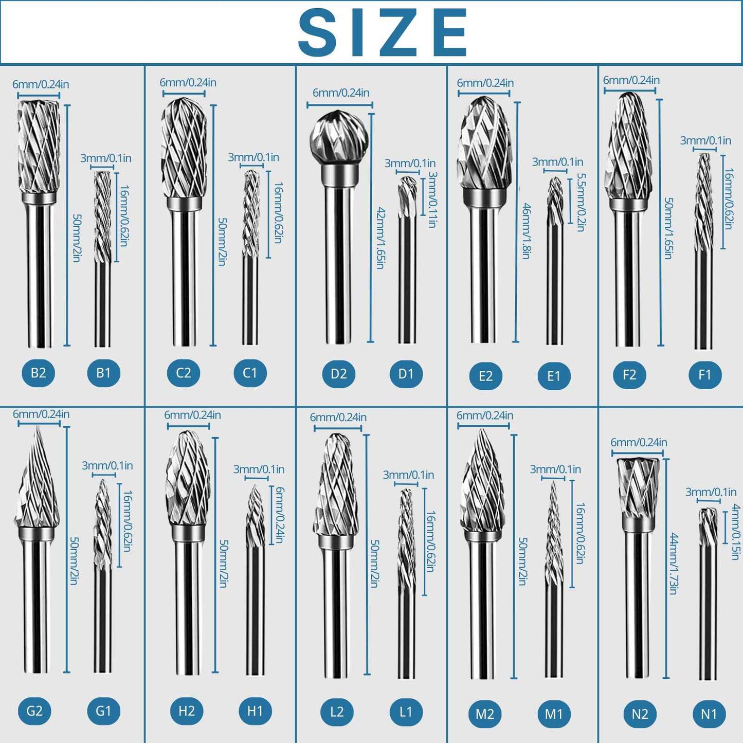 20 Pcs Double Cut Carbide Rotary Burr Set 1/8" Shank Compatible with Dremel for Metal Glass Woodworking, Drilling, Carving, Engraving, Polishing Cutting with 2 Collets