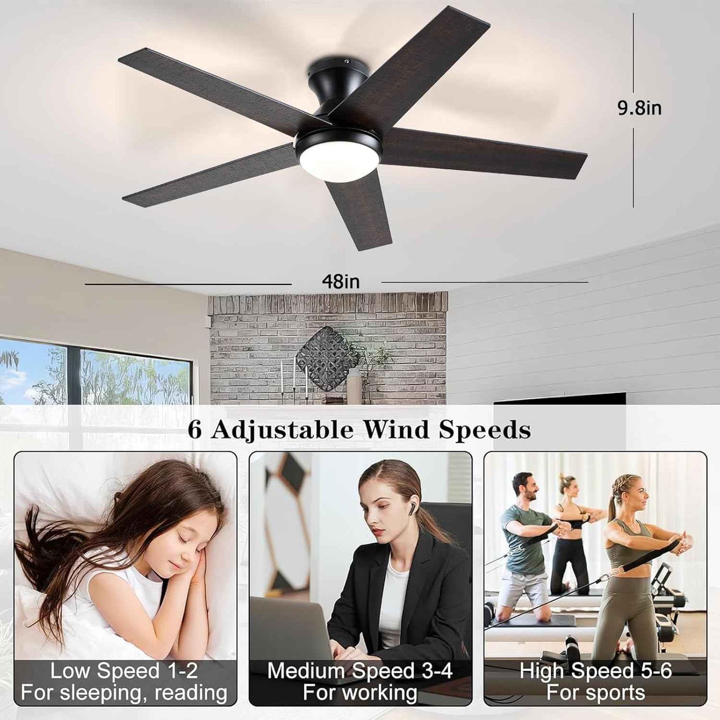48-Inch Low Profile Ceiling Fan with Lights & Remote Control - Dimmable, Noiseless, Reversible Motor for Bedroom & Indoor/Outdoor Use