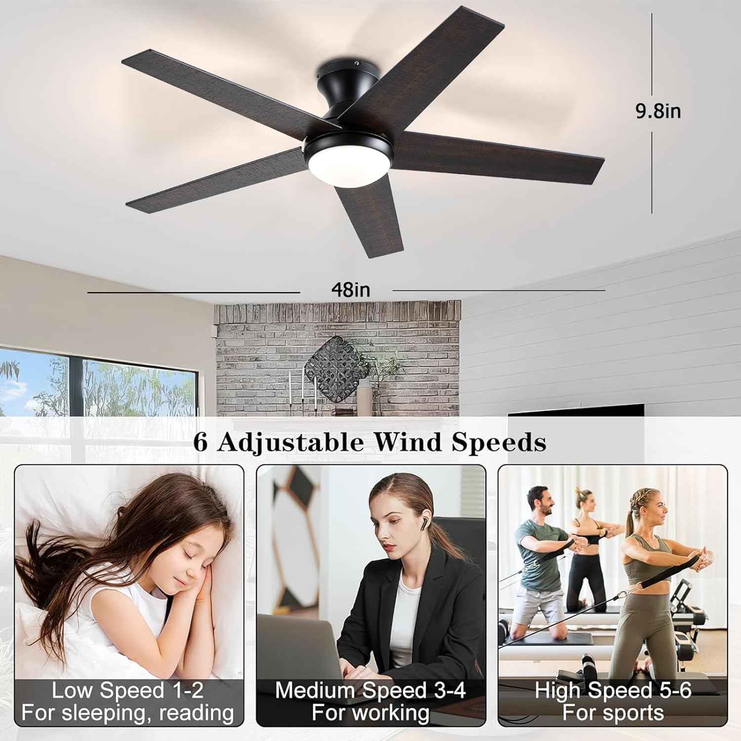 48-Inch Low Profile Ceiling Fan with Lights & Remote Control - Dimmable, Noiseless, Reversible Motor for Bedroom & Indoor/Outdoor Use
