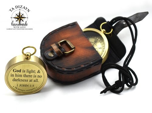 God is Light-1 John 1:5 Quote Engraved Compass with Case, Gift for him, Camping, Backpacking, Gift Compass, Graduation Day Gifts 2026 for Women Men Boys Girls Baptism Christmas