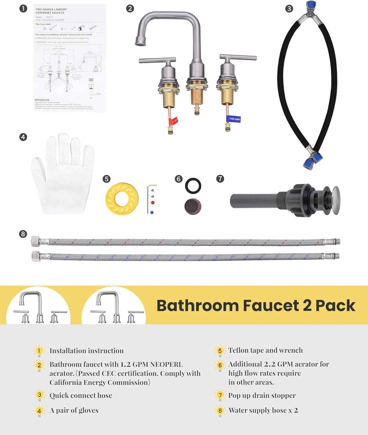 Brushed Nickel 8-Inch Widespread Bathroom Faucet with 360° Swivel Spout - Modern 2 Handle Lavatory Sink Fixture