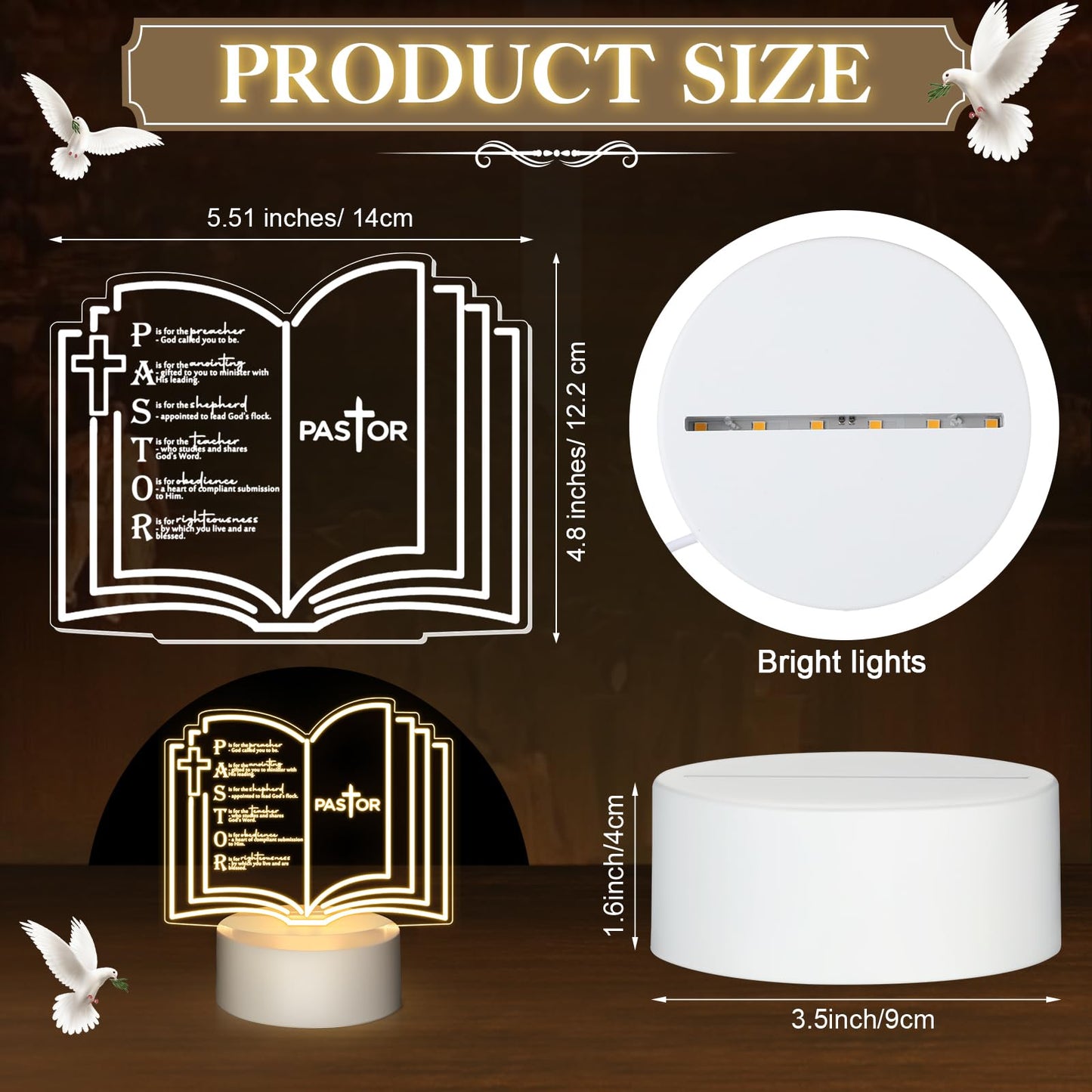 Kosiz 1 Pcs Pastor Appreciation Gift Engraved Thank Clergy Sayings Acrylic LED Night Light with Base Christian Inspirational Decor Clergy Appreciation Day Men Women Church Retirement (Stylish Pastor)