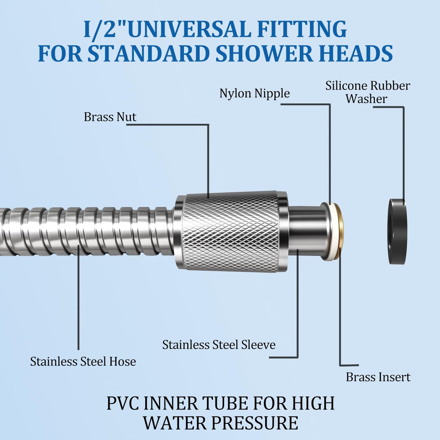 FEELSO 71 Inches Stainless Steel Shower Hose, Extra Long Replacement Hose for Handheld Shower Head with Brass Insert and Nut, Flexible and Durable Shower Hose Extension for RV and Bathroom