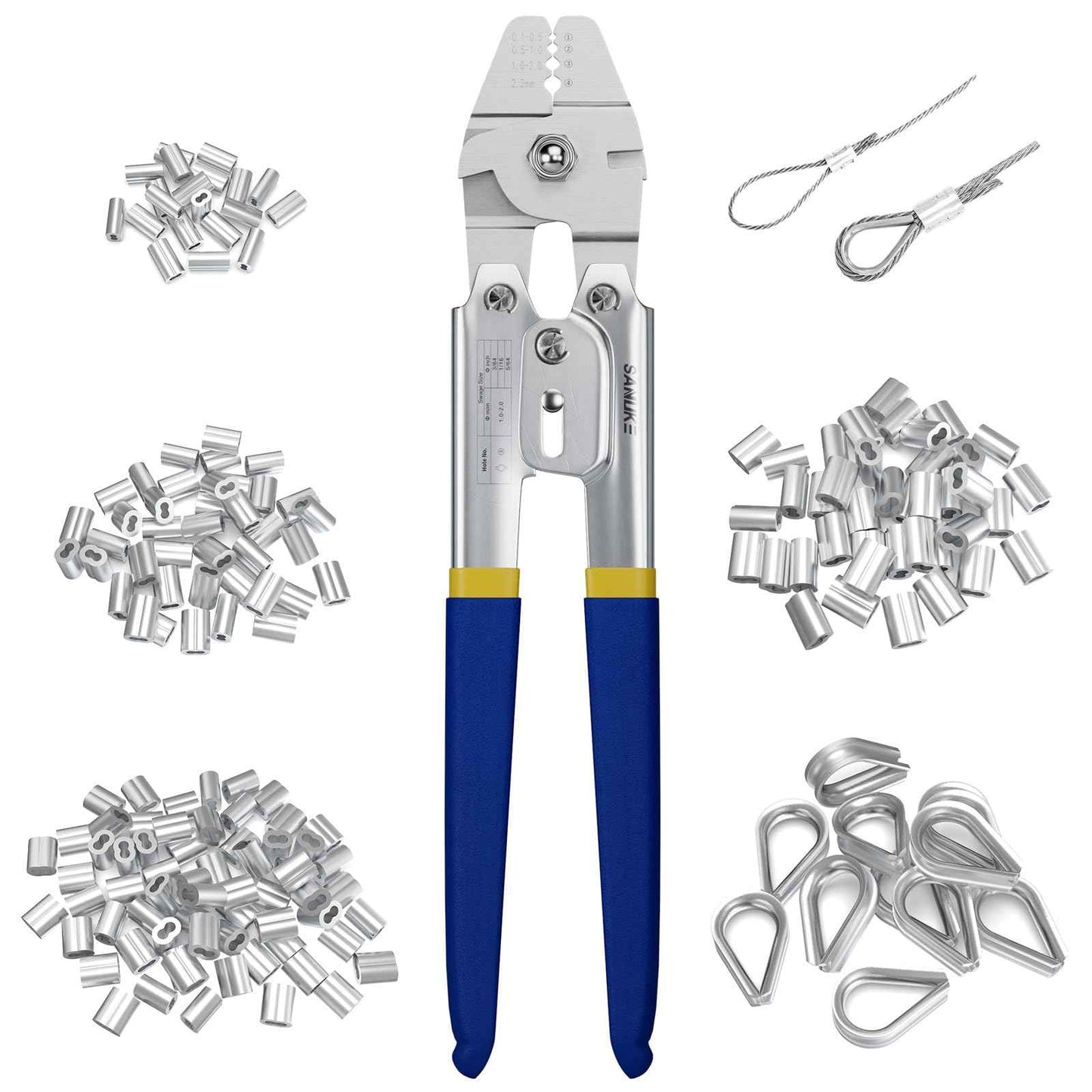 Sanuke Wire Rope Crimping Swaging Tool Cable Crimps up to 2.2mm(2/32inch) with 160pcs 4sizes Aluminum Double Barrel Ferrule Loop Sleeve and 10pcs Stainless Steel Thimble Assortment Kit