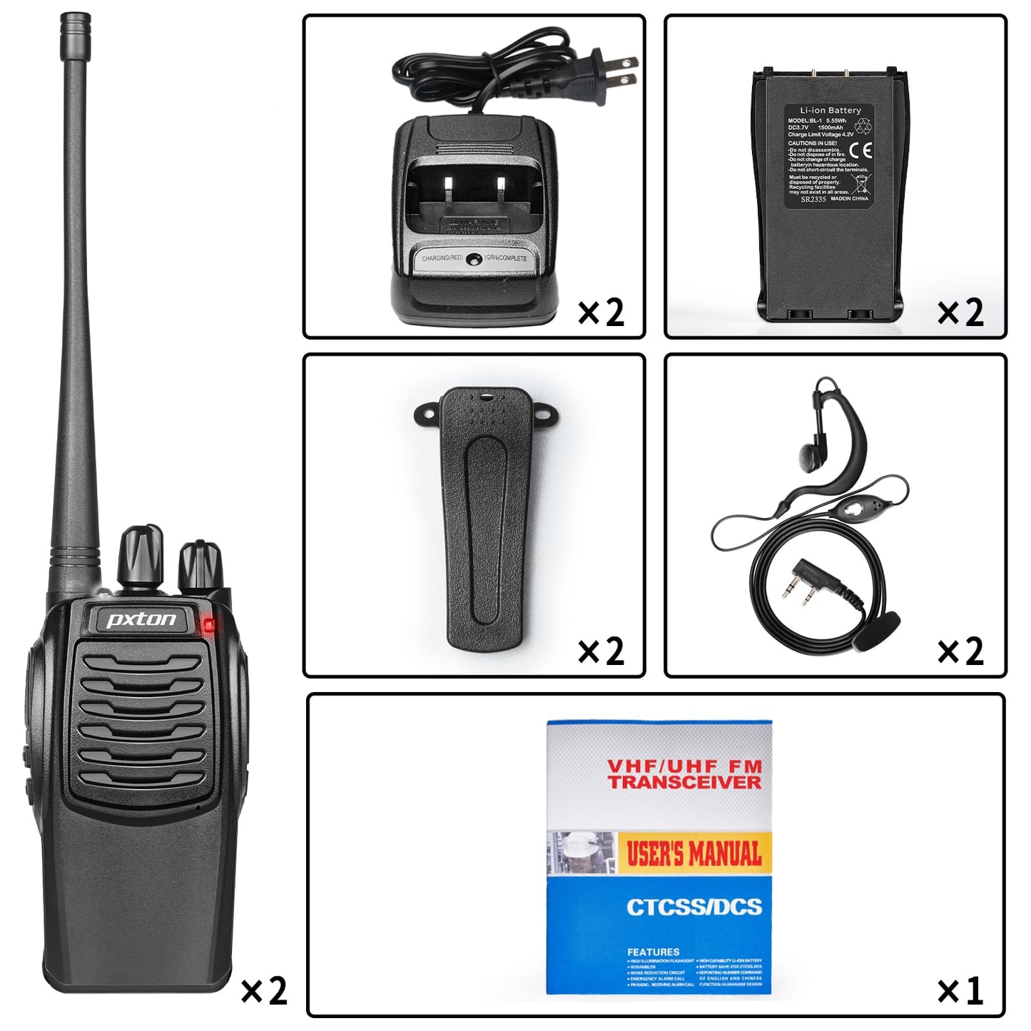 pxton S1 walkie talkies for Adults with earpieces and Rechargeable 1500mAh Li-ion Battery,walkie Talkie has VOX,TOT,Emergency Alarm,Battery Low Alert,Flashlight,Scan Function(2 Pack)