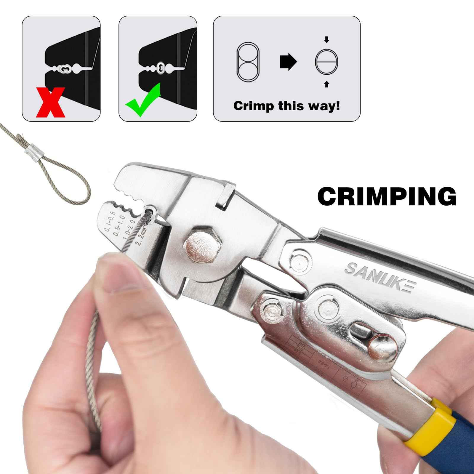 Sanuke Wire Rope Crimping Swaging Tool Cable Crimps up to 2.2mm(2/32inch) with 160pcs 4sizes Aluminum Double Barrel Ferrule Loop Sleeve and 10pcs Stainless Steel Thimble Assortment Kit