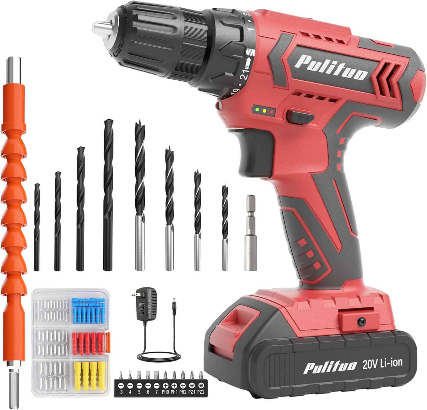 PULITUO'S 20V Cordless Drill/Driver, Electric Screwdriver - 2 Batteries, 30Nm, 21+1 Torque, 2 Speed, Keyless 3/8" Chase Drill with LED Light, Kit for Home (Green)