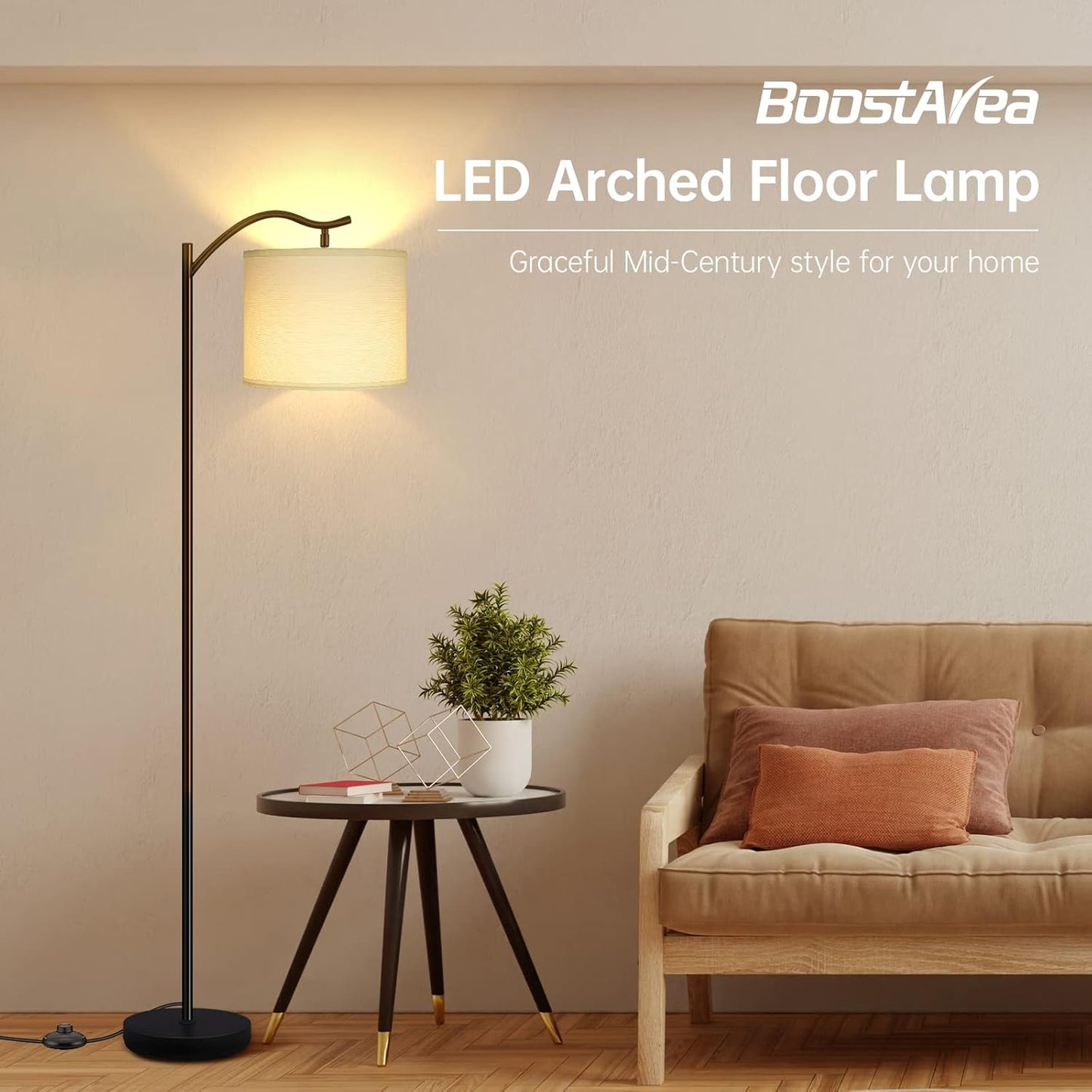 Modern LED Floor Lamp with Bohemian Linen Shade – Arched Tall Standing Light for Living Room & Bedroom